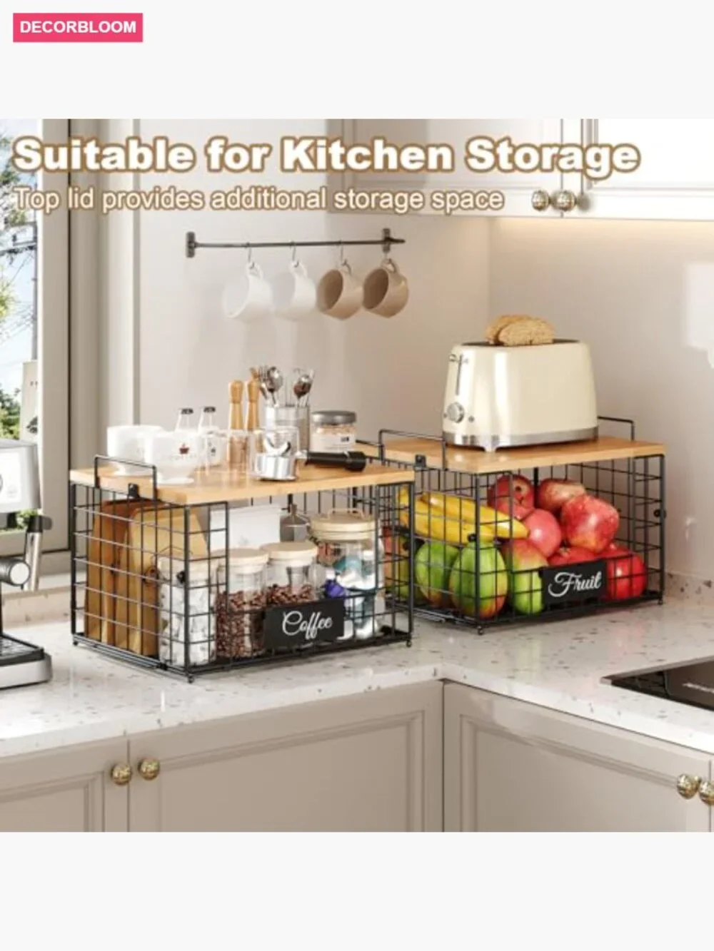 2 Pack Stackable Wire Baskets with Wooden Tops & Tags for Kitchen Pantry Storage